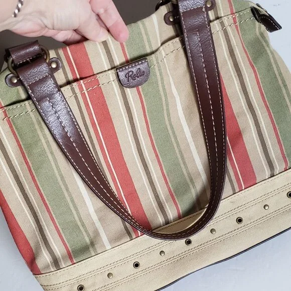 Large RELIC by FOSSIL Canvas Handbag Utility Boho Stripe Olive Red Vintage - Picture 7 of 16